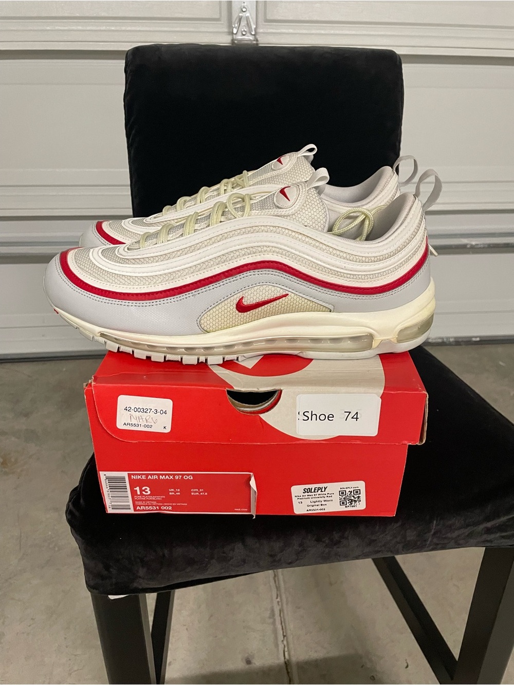 Nike Men's Air Max 97 OG WHITE PURE PLATINUM Sneakers in White, platinum and Red